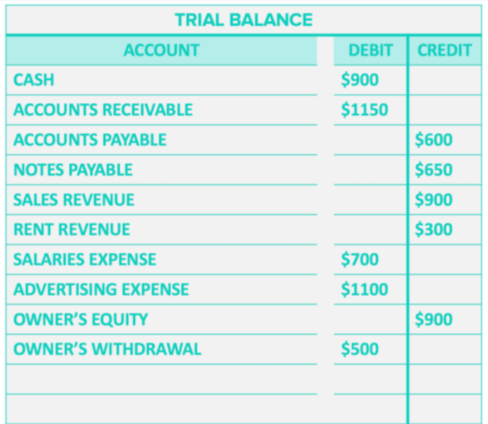 Which image below correctly shows a trial balance worksheet
